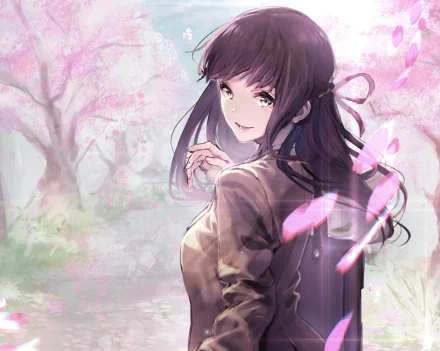 Anime original HD desktop wallpaper/background: smiling long brown-haired girl with grey eyes and a braid amid cherry blossoms, petals drifting in soft spring light.