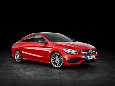 Red Mercedes-Benz CLA-Class car displayed against a black background in a 4K Ultra HD PC desktop wallpaper and background.