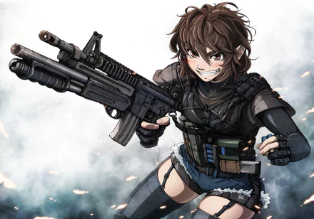 HD anime desktop wallpaper: original character with short brown hair and brown eyes, smiling as she aims a heavy rifle, wearing tactical gear against a cloudy background.