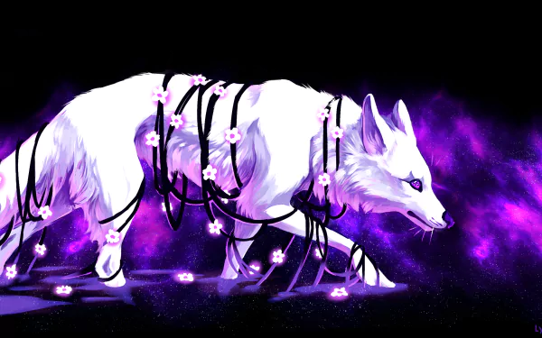 HD wallpaper featuring a fantasy white wolf adorned with black ribbons and small pink flowers, set against a backdrop of a purple cosmic space scene.