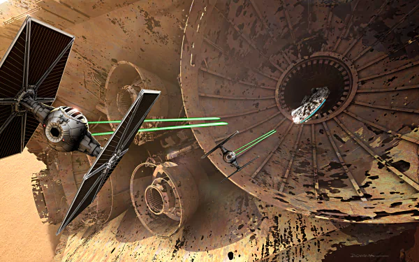 4K Ultra HD wallpaper featuring the Millennium Falcon and TIE Fighters in a dynamic space battle scene from Star Wars Episode VII: The Force Awakens.