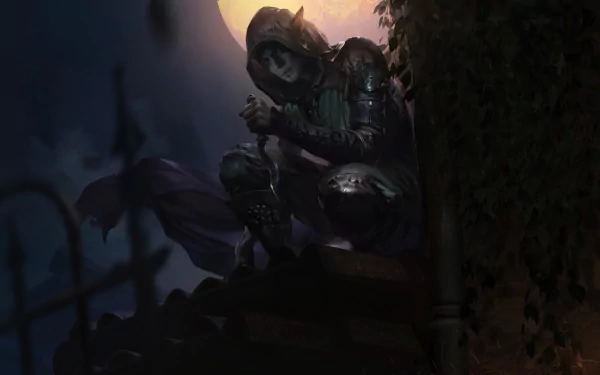 HD PC desktop wallpaper featuring a dark, armored figure perched in a shadowy environment from the video game The Elder Scrolls: Legends.