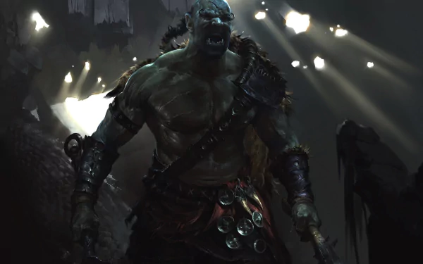 HD PC desktop wallpaper featuring a fierce, armored orc warrior from the video game The Elder Scrolls: Legends in a dark, dramatic setting with intense lighting effects.
