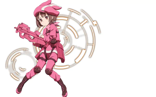 HD PC desktop wallpaper of Karen Kohiruimaki as LLENN from Sword Art Online Alternative: Gun Gale Online, featuring her in pink combat gear with a stylized digital background.