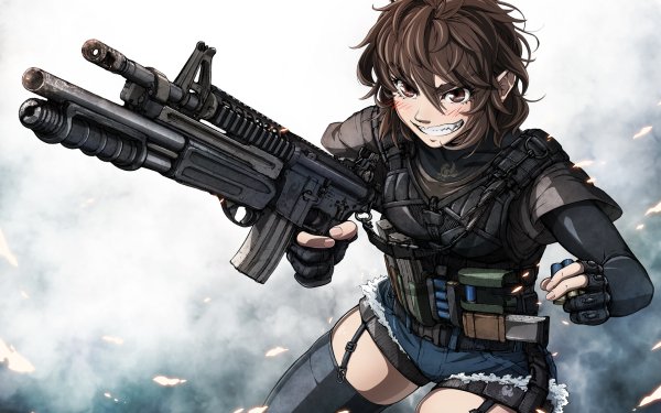 Anime Original Gun Short Hair Brown Hair Smile Brown Eyes HD Wallpaper | Background Image