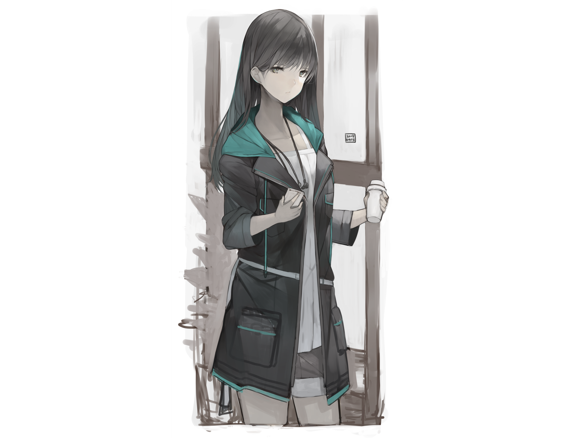 Anime original of a long black‑haired girl with black eyes holding a coffee cup, wearing a teal‑accented coat; 2K Quad HD PC desktop wallpaper and background.