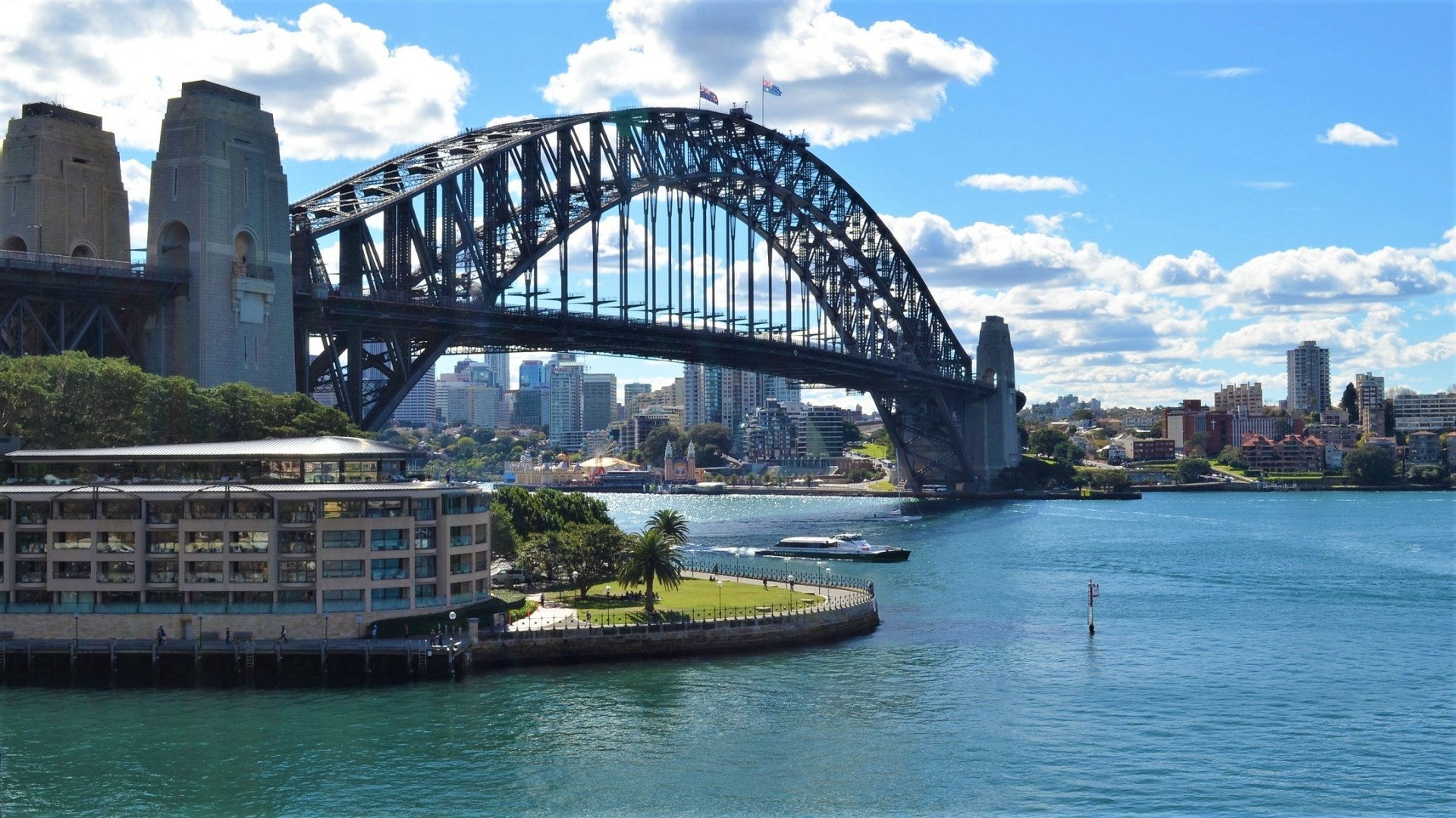 HD desktop wallpaper featuring Sydney Harbour Bridge framed by blue skies and water, with nearby hotels and the Sydney cityscape in the background.