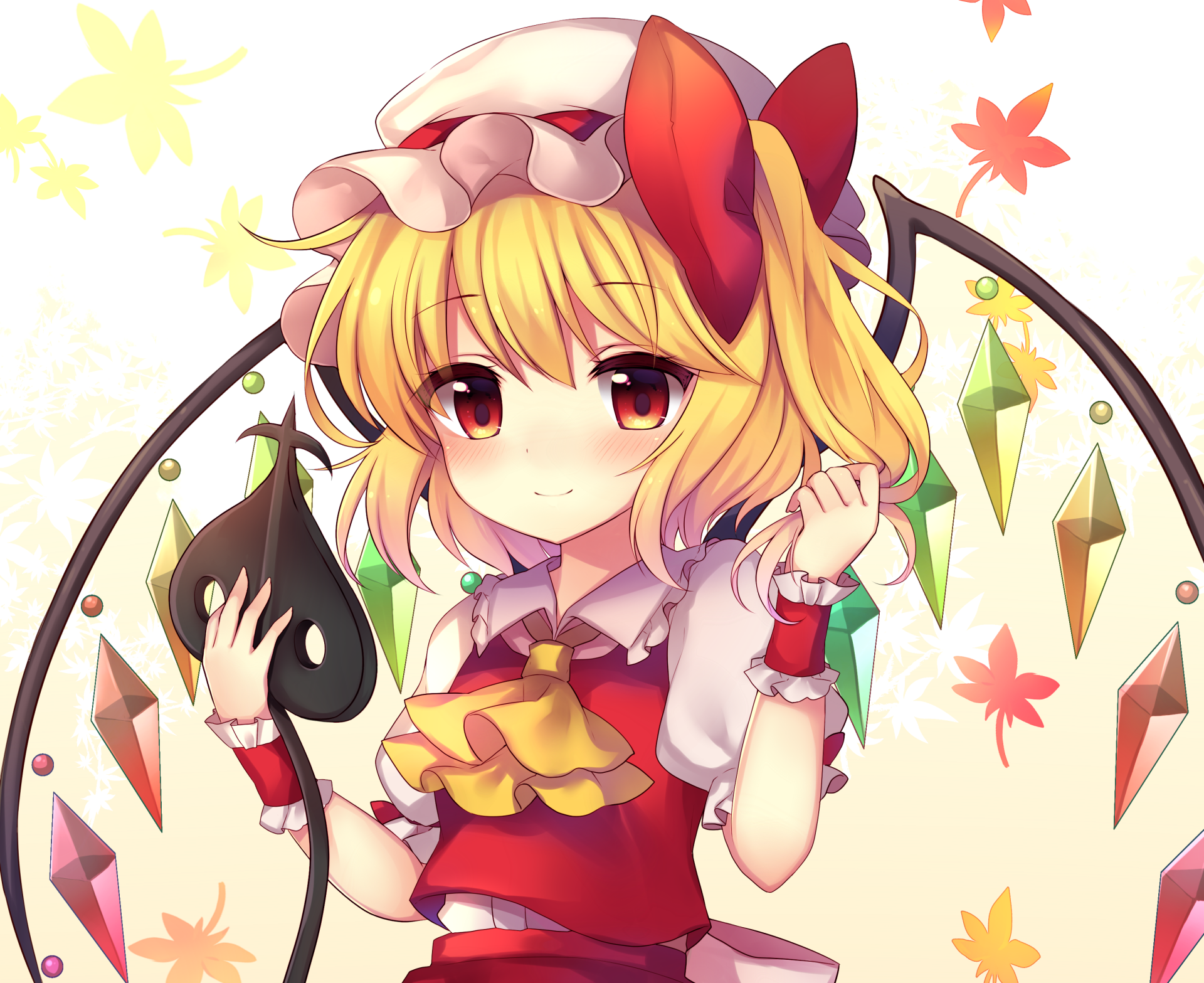 HD anime wallpaper featuring Flandre Scarlet from Touhou, showcasing her with blonde hair, red eyes, and distinctive wing crystals against a soft background.