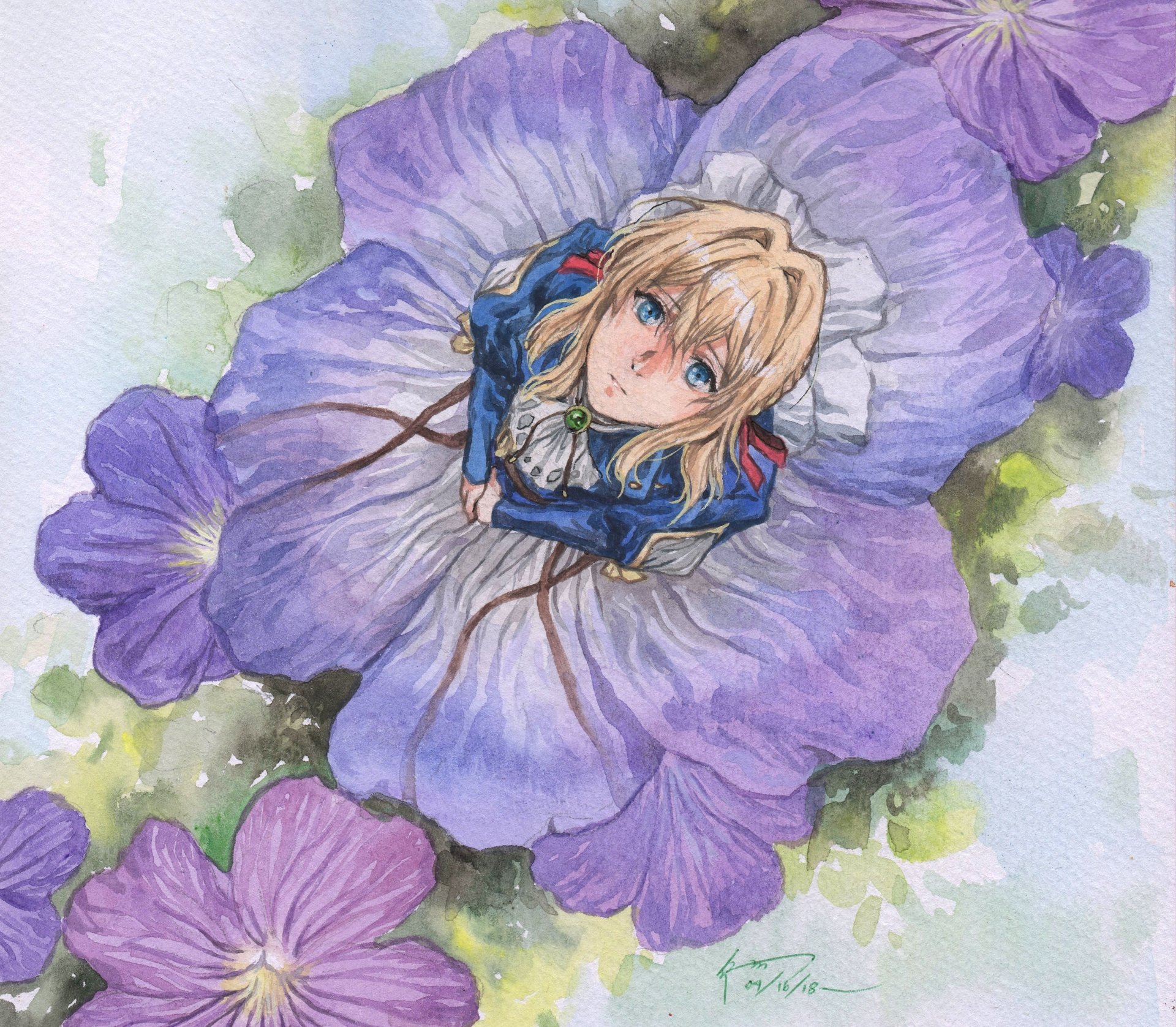 Anime-style HD PC desktop wallpaper featuring Violet Evergarden character sitting gracefully on a large violet flower with soft watercolor background.