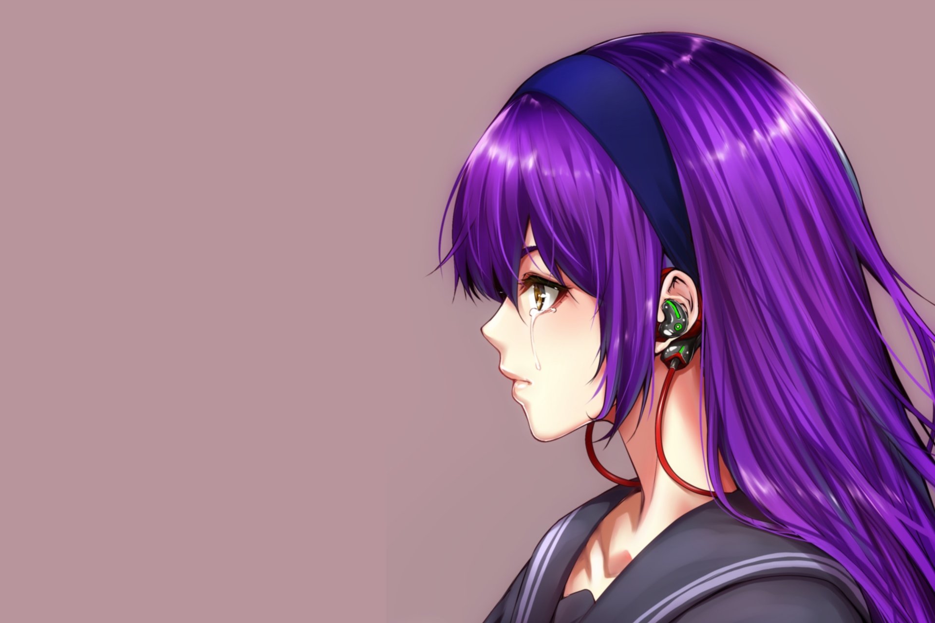 2K Quad HD PC desktop anime original wallpaper — profile of a long purple-haired girl with a headband and earbuds, brown eyes with a tear, set against a muted mauve background.