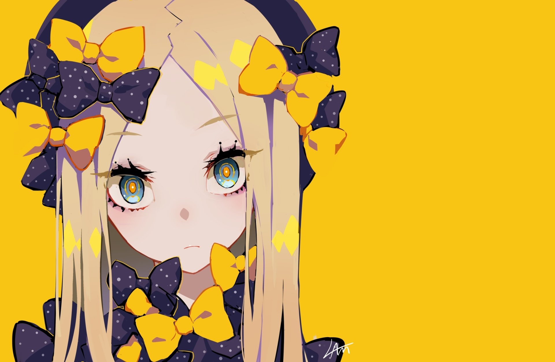 HD anime wallpaper featuring Abigail Williams from Fate/Grand Order with vibrant yellow background and decorative black and yellow bows in her blonde hair.
