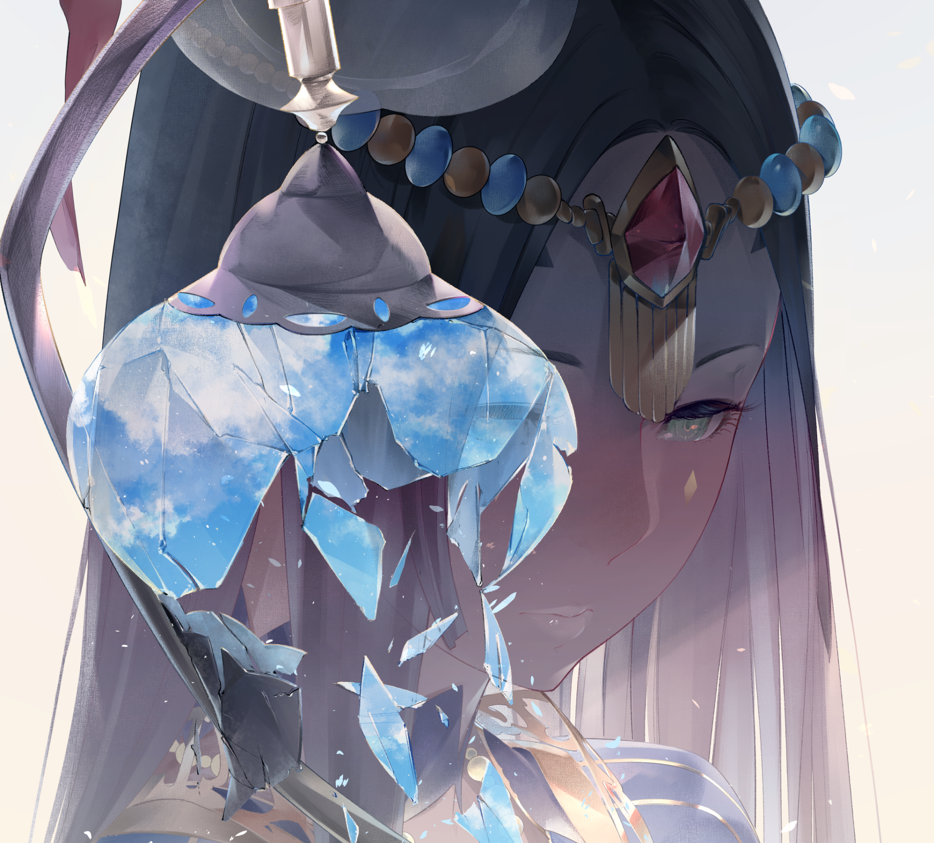 HD PC desktop wallpaper featuring an anime character from Fate/Grand Order with a shattered glass effect reflecting a blue sky.