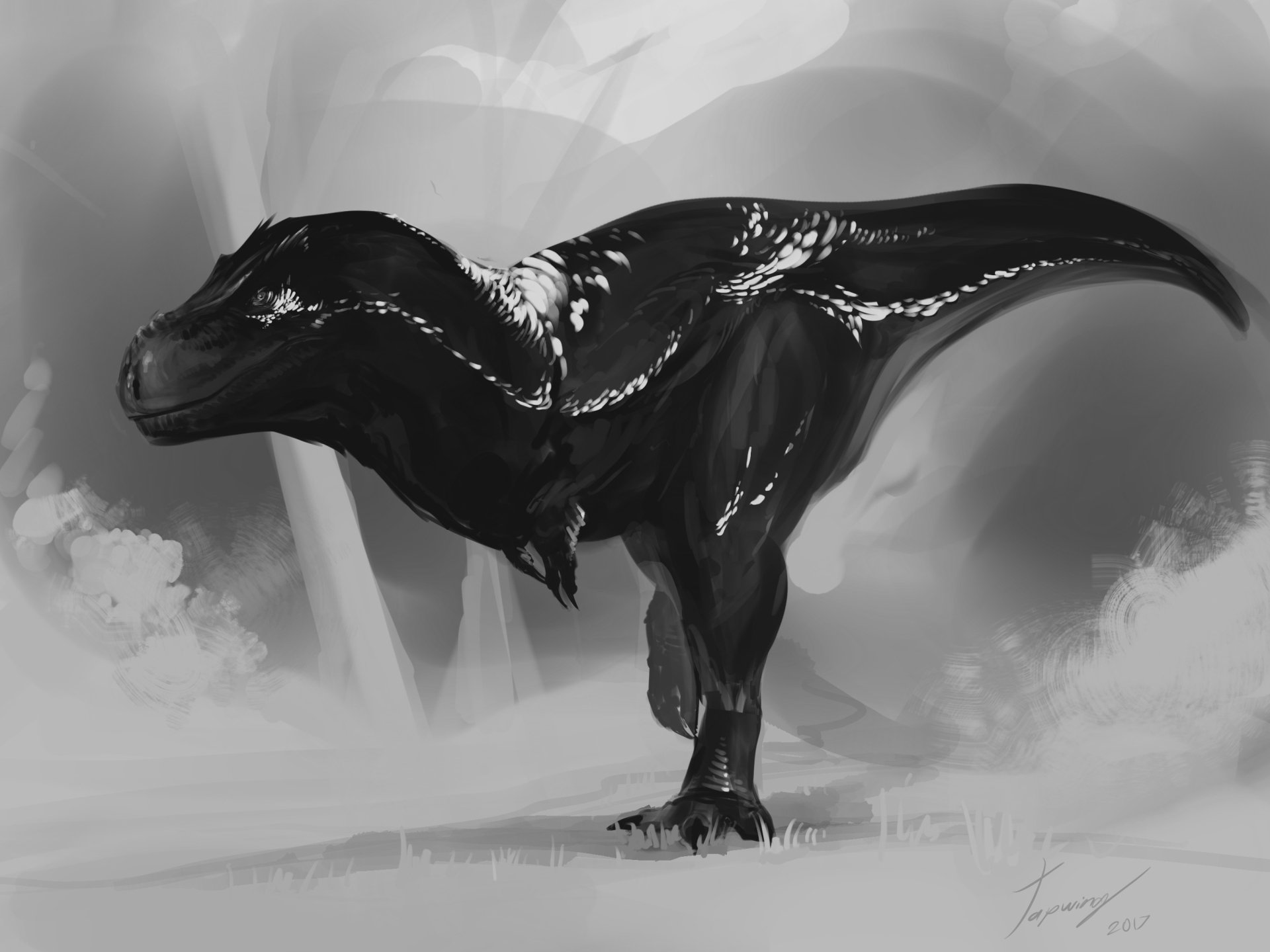 HD PC desktop wallpaper featuring a black and white artistic rendering of a Tyrannosaurus Rex standing amidst a misty, dramatic landscape.