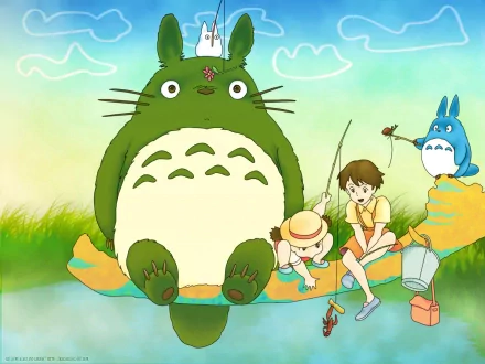 A vibrant HD wallpaper featuring Totoro, Satsuki, Mei, Mini Totoro, and another Totoro character from My Neighbor Totoro, enjoying a peaceful moment by the water.