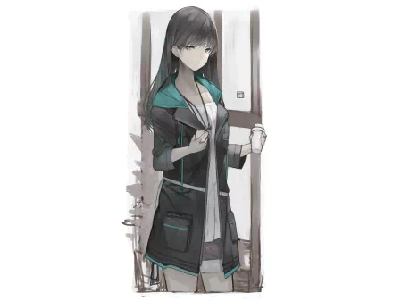 Anime original of a long black‑haired girl with black eyes holding a coffee cup, wearing a teal‑accented coat; 2K Quad HD PC desktop wallpaper and background.