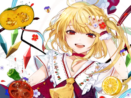 HD anime wallpaper of Flandre Scarlet from Touhou with blonde hair, red eyes, and a bright smile, surrounded by colorful crystals and fruit elements.