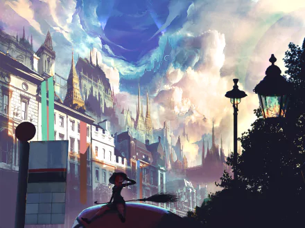 Anime-style HD wallpaper of a city skyline with a witch, dramatic sky, and clouds. The backdrop features intricate buildings, towering architecture, and a mystical atmosphere.