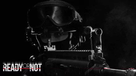 HD desktop wallpaper of a tactical operator with a helmet and goggles, holding a rifle, with Ready or Not text overlay.