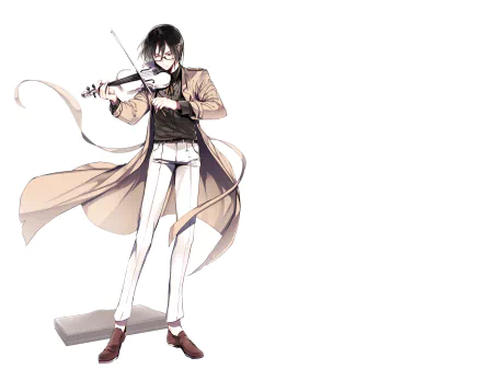 Anime character with short black hair and red eyes, wearing glasses and a flowing coat while playing a violin — 4K Ultra HD PC desktop wallpaper.