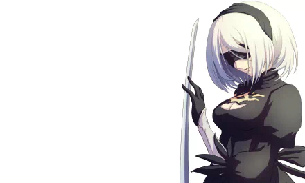 HD PC desktop wallpaper featuring YoRHa No.2 Type B, a prominent character from the video game NieR: Automata, holding a katana with a focused pose on a white background.