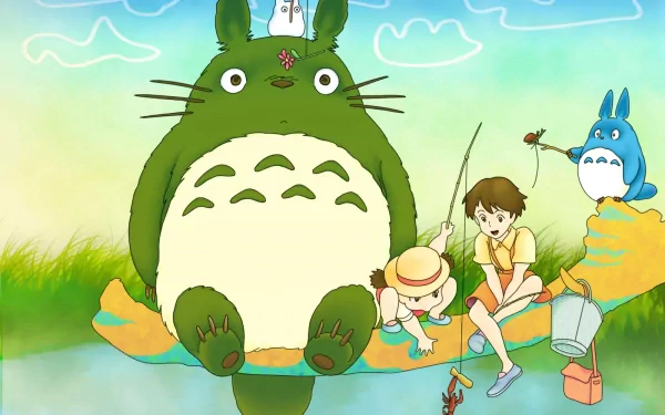 A vibrant HD wallpaper featuring Totoro, Satsuki, Mei, Mini Totoro, and another Totoro character from My Neighbor Totoro, enjoying a peaceful moment by the water.