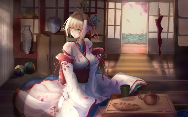Anime-style HD PC desktop wallpaper featuring Nero Claudius from Fate/Grand Order in a traditional room with soft lighting and cherry blossom petals.