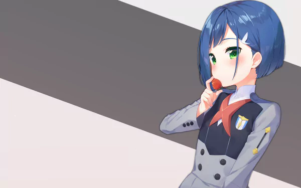 HD desktop wallpaper featuring Ichigo from the anime Darling in the FranXX, depicted with short blue hair and a uniform, against a minimalist background with diagonal color blocks.