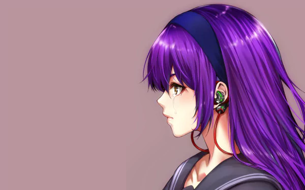 2K Quad HD PC desktop anime original wallpaper — profile of a long purple-haired girl with a headband and earbuds, brown eyes with a tear, set against a muted mauve background.