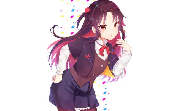 HD PC desktop wallpaper featuring Ai Yashajin from the anime Ryuuou no Oshigoto!, showcasing her in a detailed school uniform with colorful confetti accents.