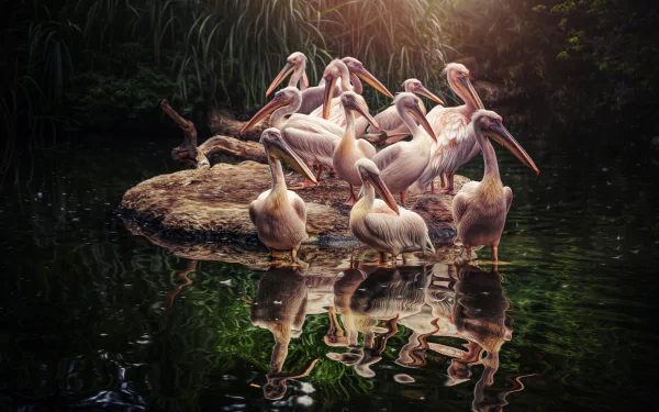 A group of pelicans stands together on a small log, their reflections shimmering on the calm water below. The scene is beautifully captured, making it an HD desktop wallpaper and background.