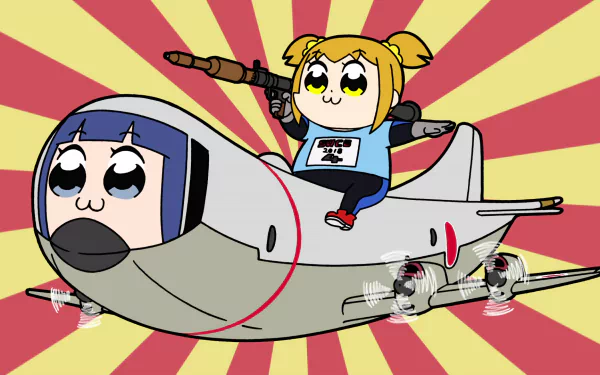 HD wallpaper featuring Pipimi and Popuko from Pop Team Epic riding a missile, against a dynamic red and yellow background.