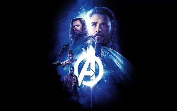 HD desktop wallpaper featuring Marvel characters Mantis, Shuri, Nebula, Captain America, and Winter Soldier from the movie Avengers: Infinity War, with a glowing Avengers A logo in the center.