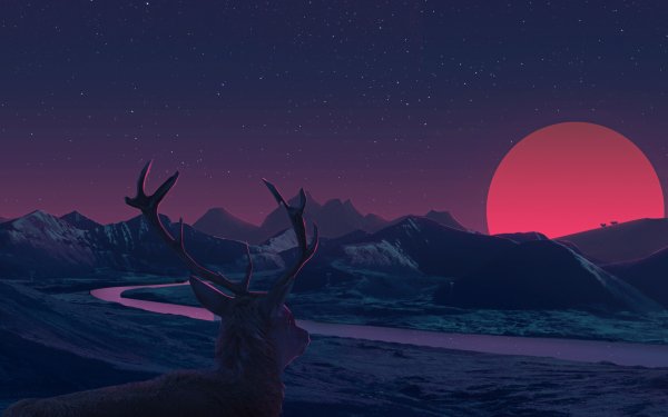 Fantasy Deer Fantasy Animals Landscape Night Moon River Sunset Mountain Stars HD Wallpaper | Background Image