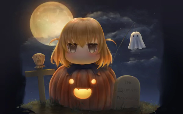HD anime desktop wallpaper of chibi Roka Shibasaki (D-Frag!) as a glowing jack‑o'lantern in a moonlit graveyard, with a small floating ghost and tombstone nearby.