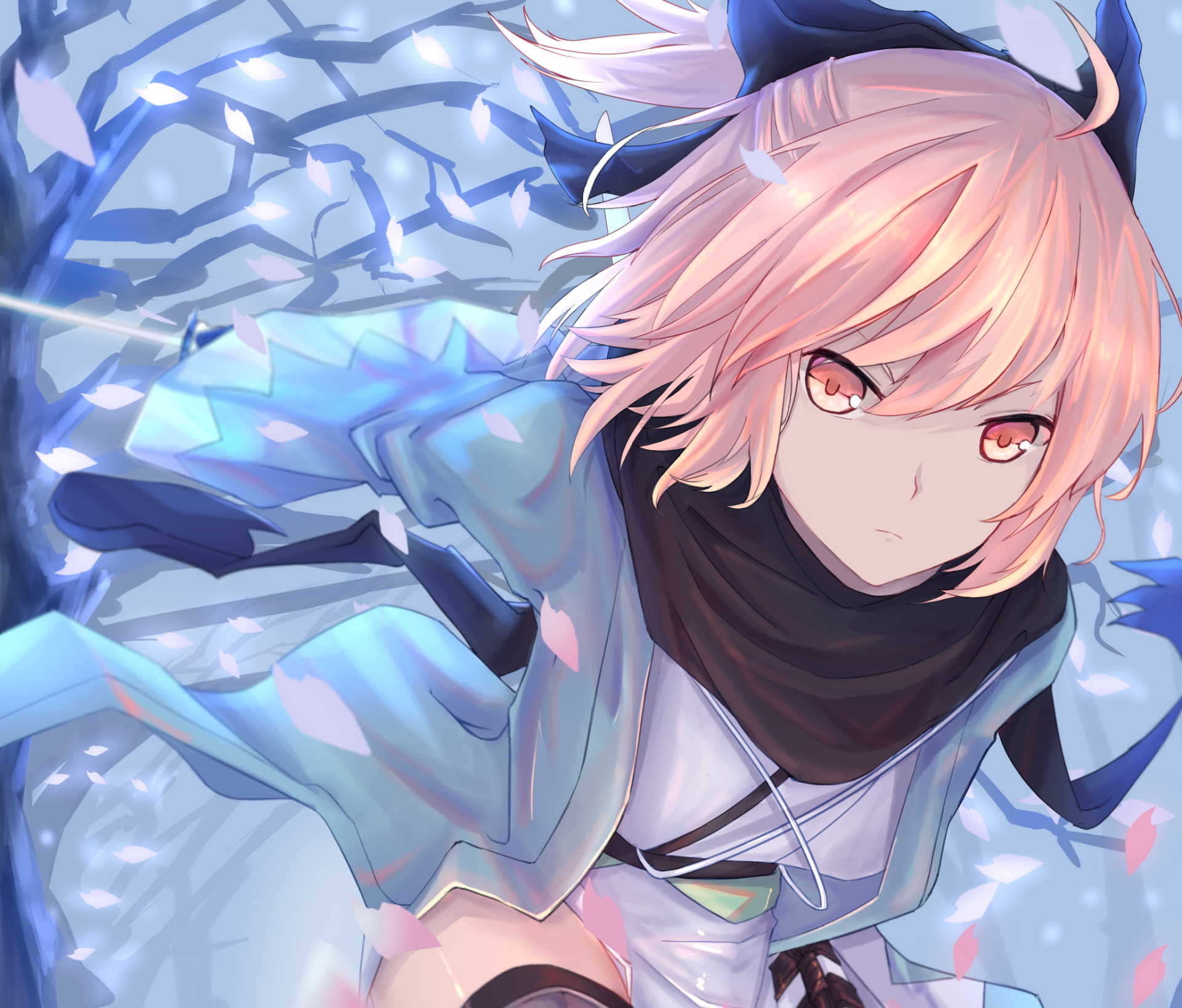 Anime-style HD wallpaper featuring Sakura Saber from the Fate Series, showcasing dynamic movement with a vibrant background of icy hues and intricate details.
