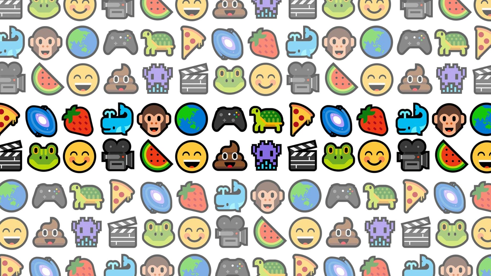 HD PC desktop wallpaper featuring a colorful, repeating pattern of funny emojis including smiley faces, animals, food, and gaming icons.