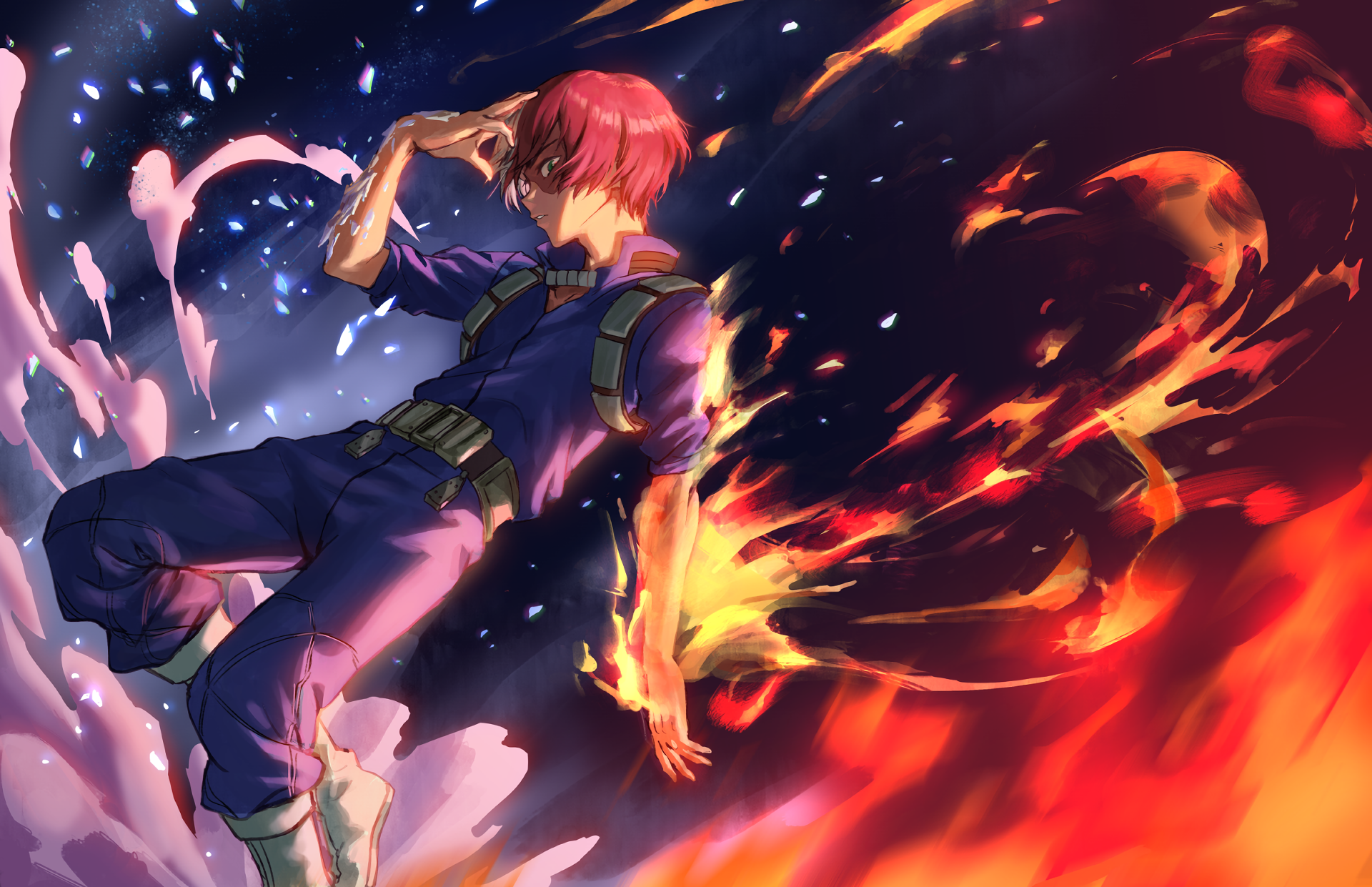 HD desktop wallpaper featuring Shoto Todoroki from My Hero Academia, showcasing his fire and ice abilities with vibrant colors in a dynamic action pose against a striking background.