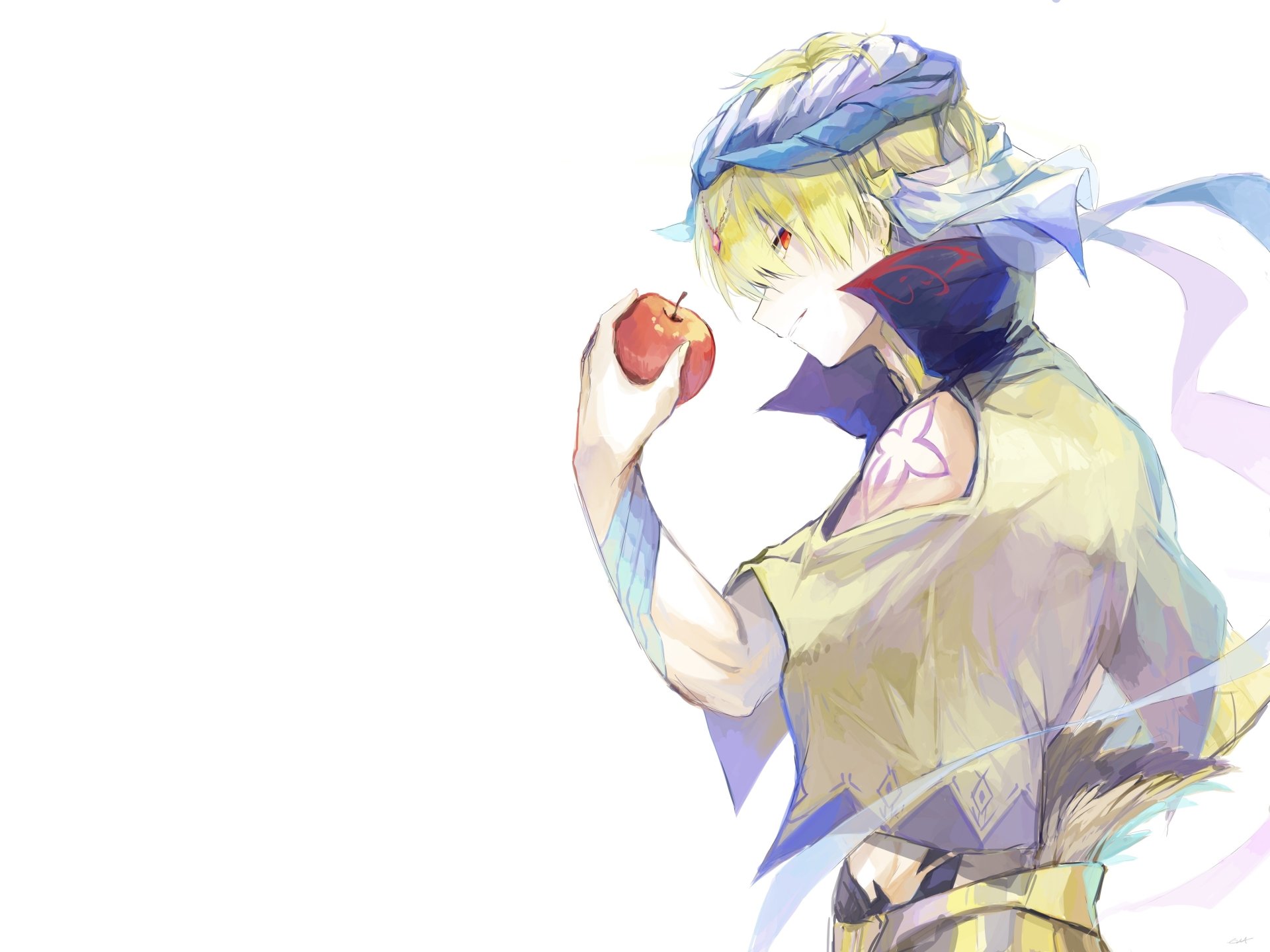 Gilgamesh (Caster) from Fate/Grand Order holding a red apple, illustrated in vibrant anime style with a soft, light color palette in 4K Ultra HD resolution.