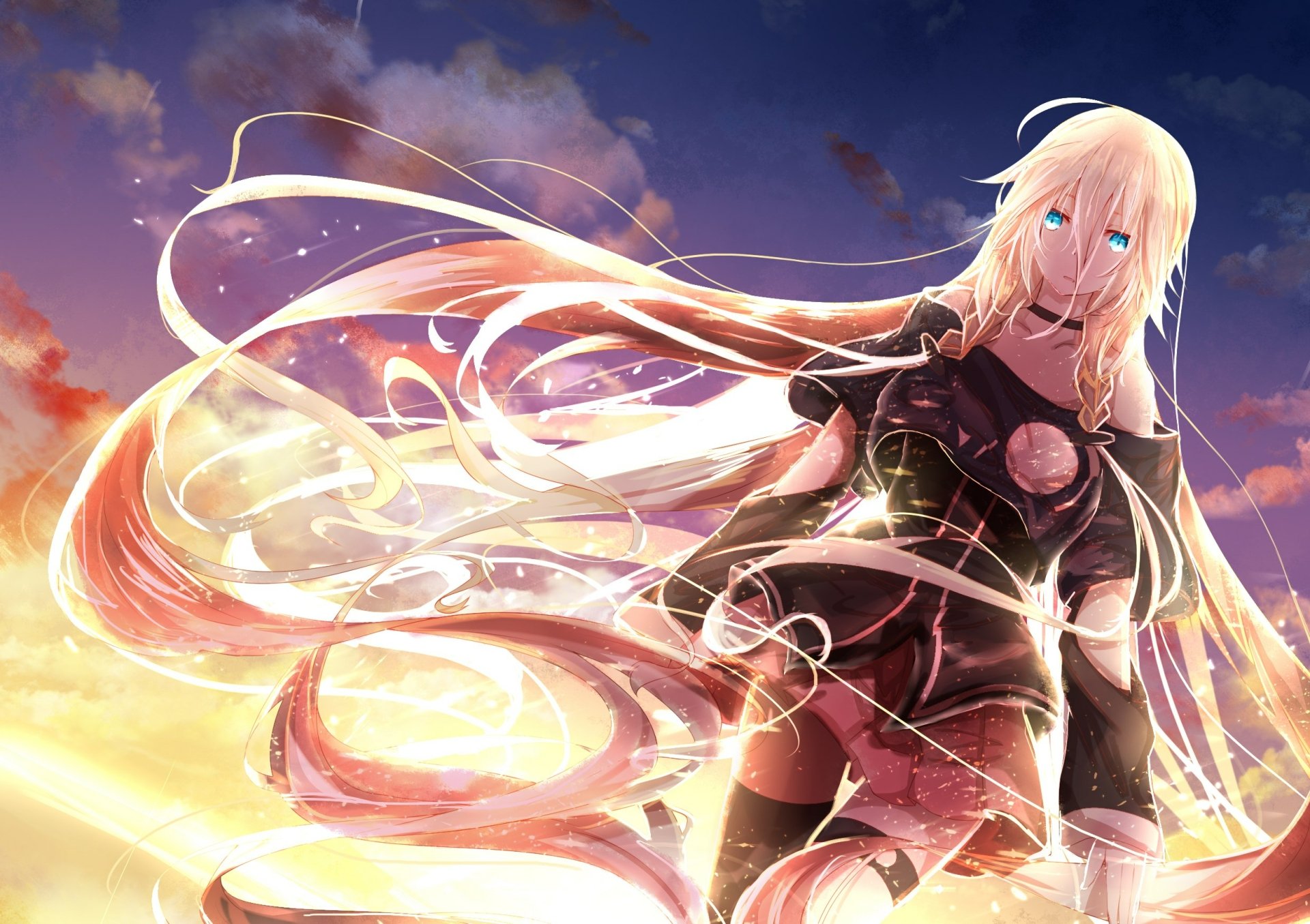 HD PC desktop wallpaper featuring IA from Vocaloid in an anime style, with flowing hair and vibrant skies in the background.