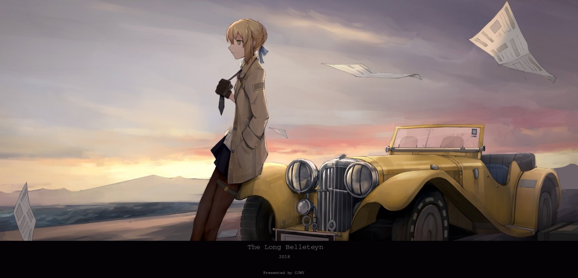 Saber (Fate Series) from Fate/Grand Order leans against a vintage yellow car at sunset — HD anime PC desktop wallpaper/background.