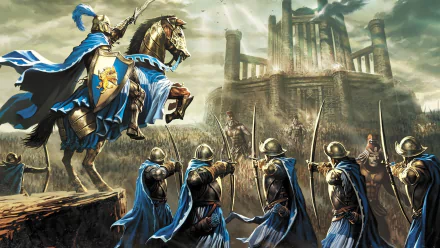 HD desktop wallpaper depicting an epic battle scene from the video game Heroes of Might and Magic III, featuring armored knights and a fortress in the background.