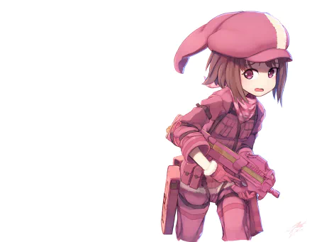 Anime depiction of LLENN (Karen Kohiruimaki) from Sword Art Online Alternative: Gun Gale Online — pink‑clad with a compact rifle on a white background, 2K Quad HD PC desktop wallpaper.