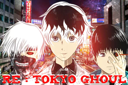 HD Tokyo Ghoul:re anime wallpaper featuring three main characters with vibrant city lights in the background, capturing the dark, intense atmosphere of the series.
