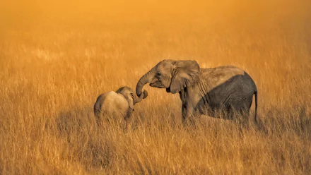 A baby African bush elephant standing with an adult elephant in the golden grasslands of Africa. This HD image serves as a serene desktop wallpaper and background.