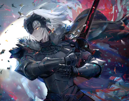 Anime HD wallpaper featuring Jeanne d'Arc Alter from Fate/Grand Order, depicted with short white hair, yellow eyes, and armor, wielding a sword with a fierce expression against a dynamic background.