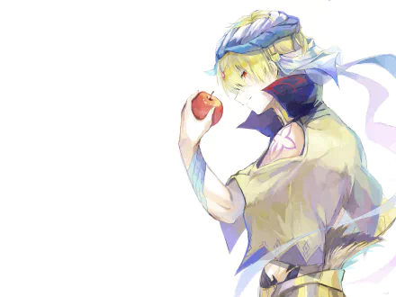 Gilgamesh (Caster) from Fate/Grand Order holding a red apple, illustrated in vibrant anime style with a soft, light color palette in 4K Ultra HD resolution.