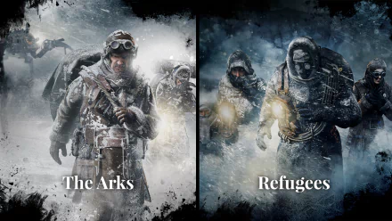 HD Frostpunk-themed desktop wallpaper featuring characters labeled The Arks and Refugees against a frosty backdrop.
