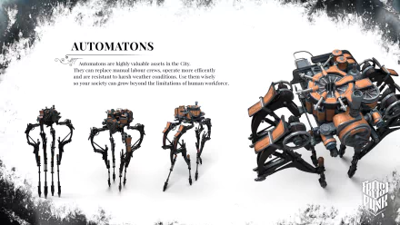 HD desktop wallpaper from Frostpunk featuring concept art of Automatons with description text against a frosty background.