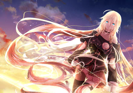 HD PC desktop wallpaper featuring IA from Vocaloid in an anime style, with flowing hair and vibrant skies in the background.