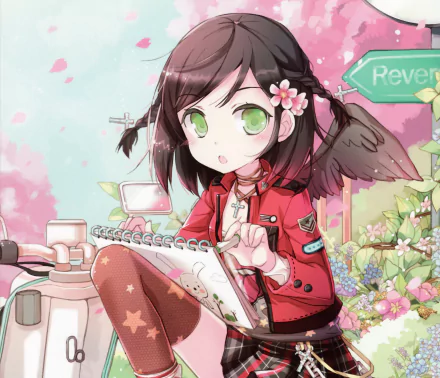 necklace cross scooter sketchbook flower green eyes braid brown hair short hair wings Anime angel anime angel HD Desktop Wallpaper | Background Image